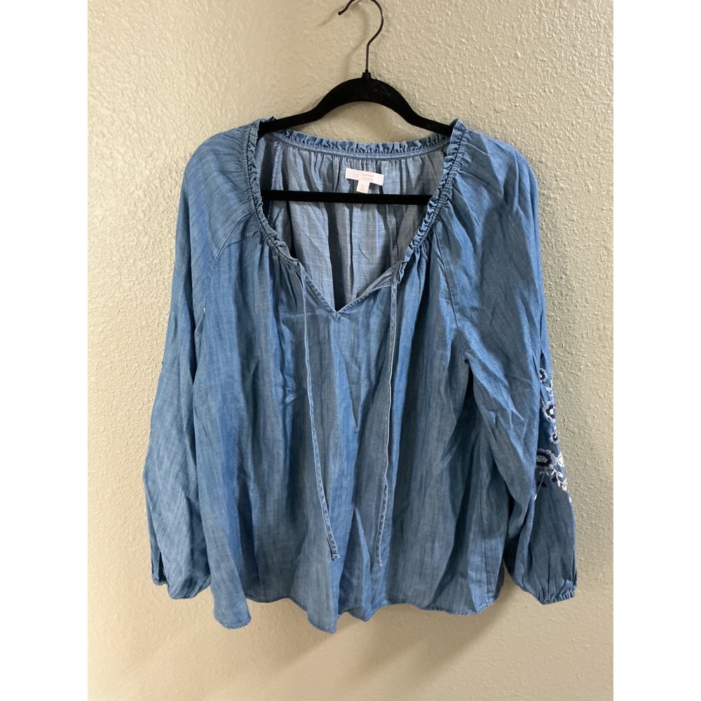 LC Lauren Conrad Peasant Blouse Womens L Blue Excellent Embroidered Boho